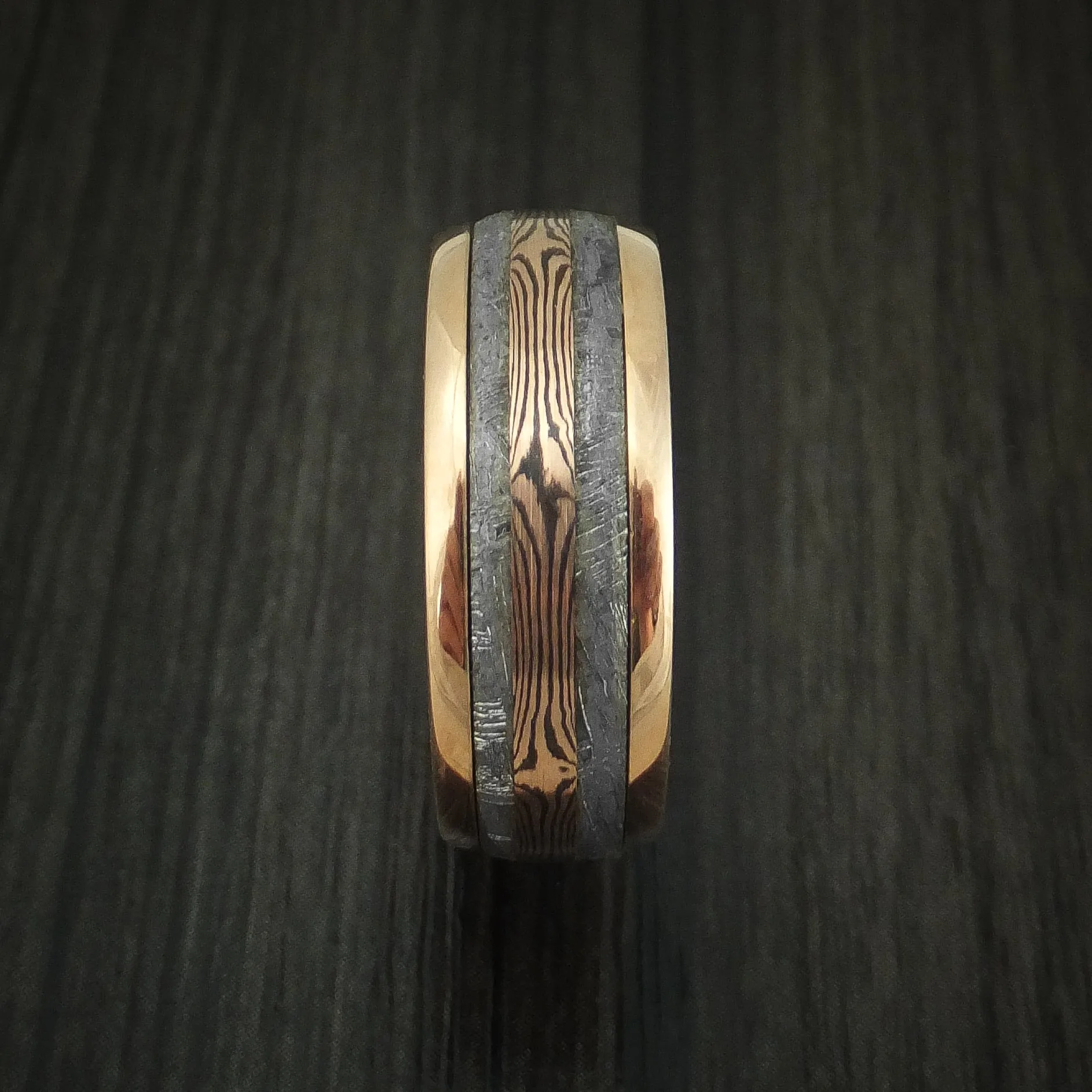 18k Rose Gold and Gibeon Meteorite Men's Ring with Rose Gold Mokume Shakudo Inlay Custom Made Band