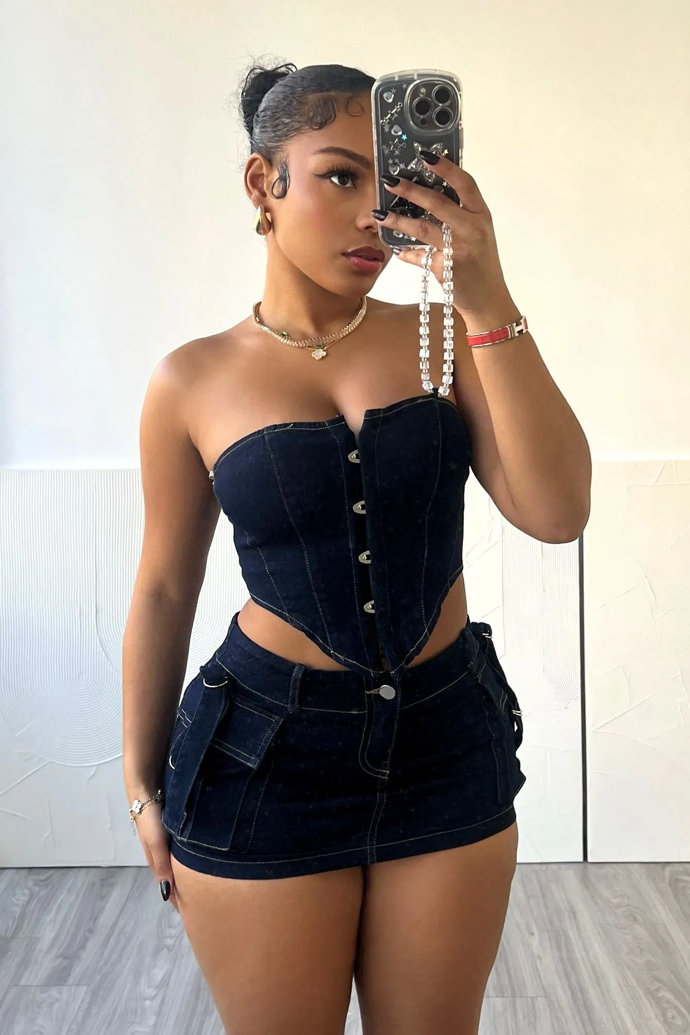 About It Denim Bustier Top & Skirt SET