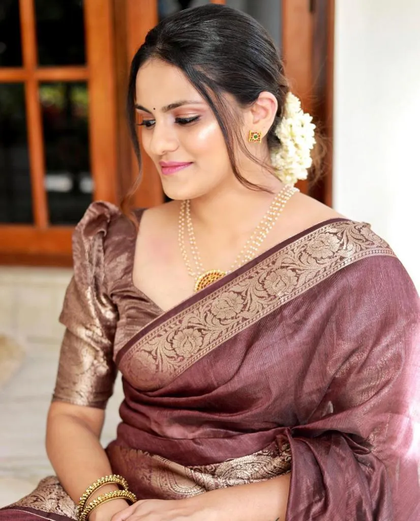 Adorning Brown Soft Silk Saree With Fancifull Blouse Piece