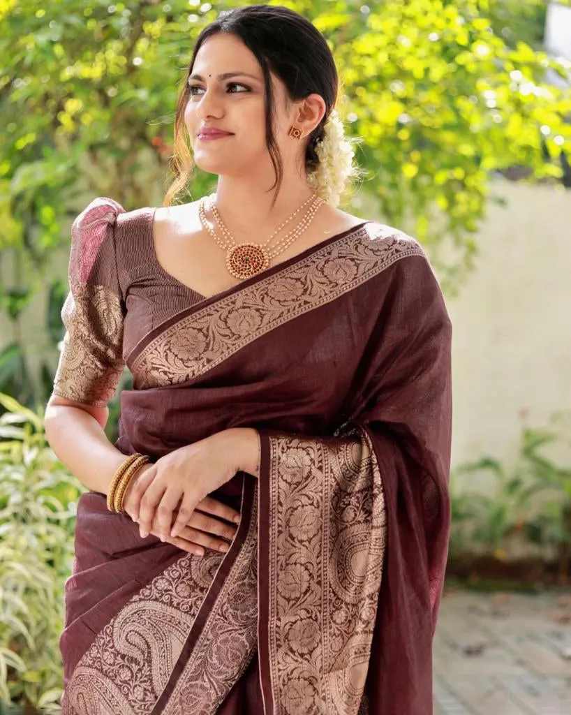 Adorning Brown Soft Silk Saree With Fancifull Blouse Piece