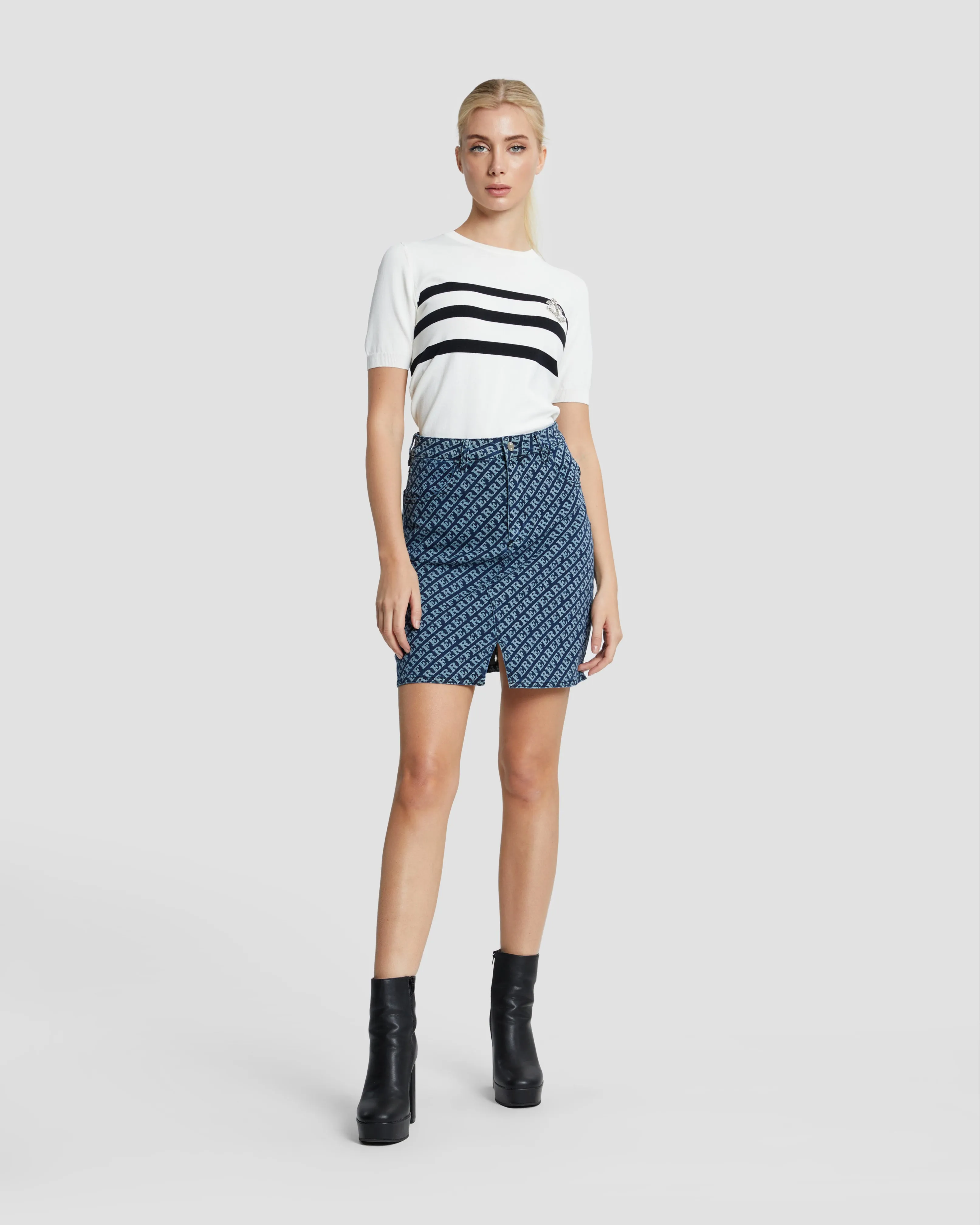 All-Over Ferre Print Denim Skirt