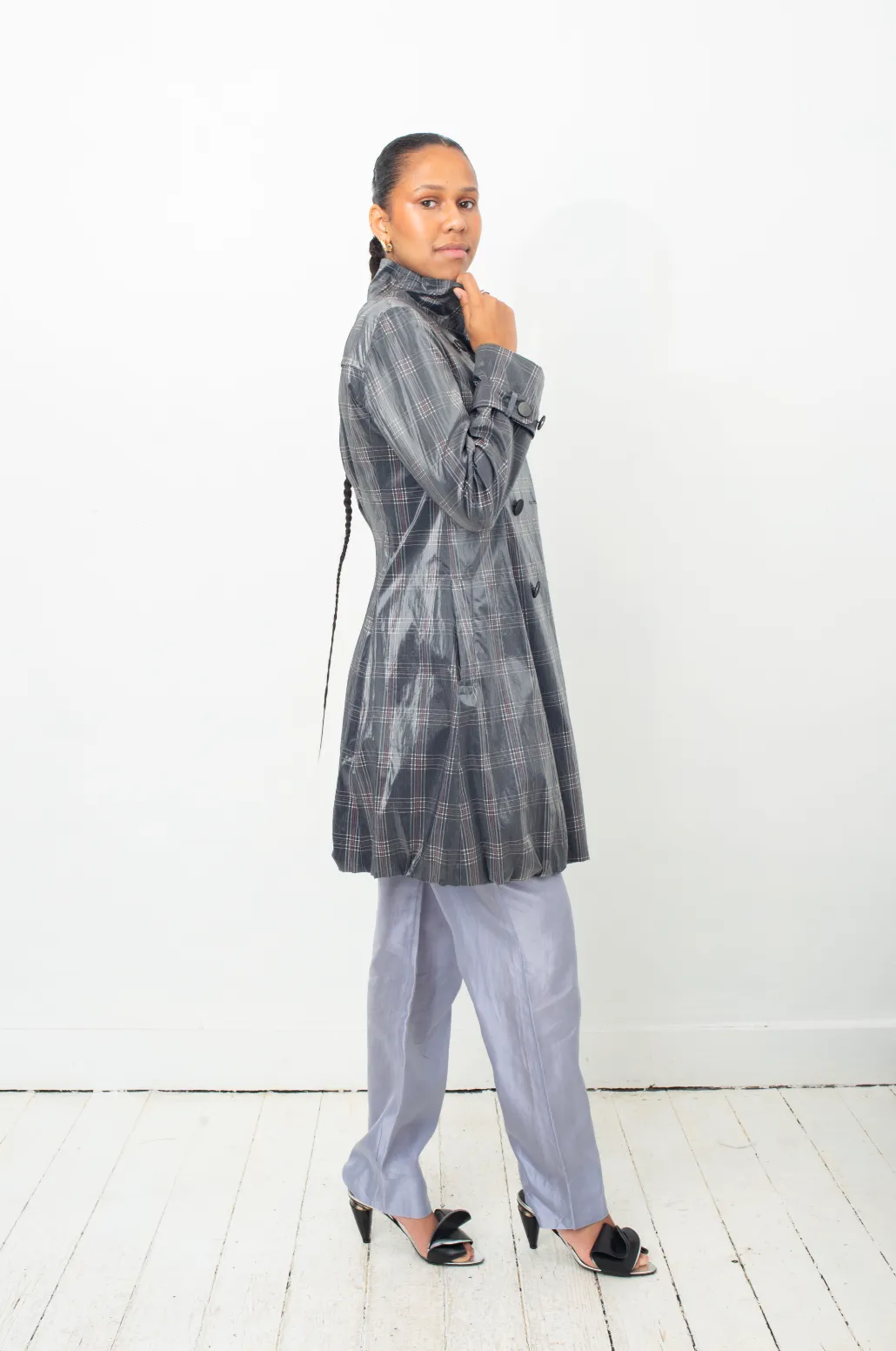 Armani 2000's checkered grey trench with scarf collar