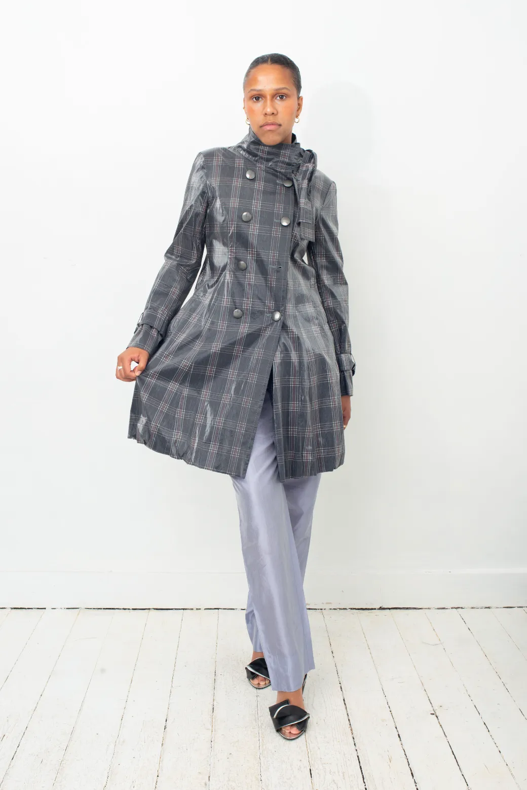 Armani 2000's checkered grey trench with scarf collar