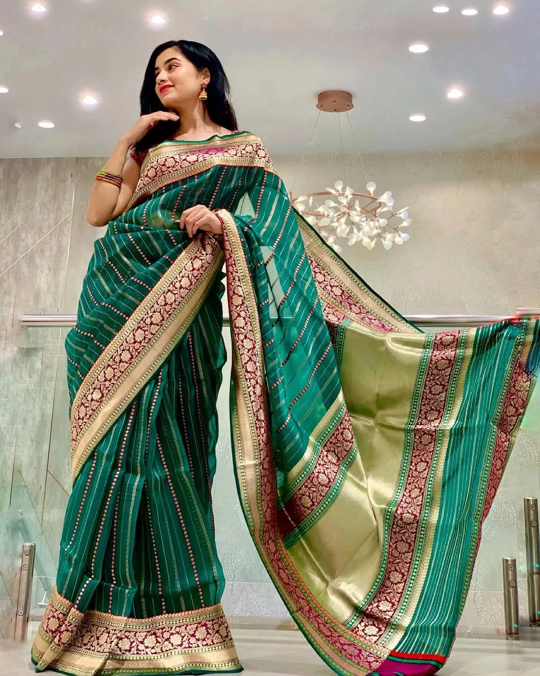 Attractive Rama Soft Silk Saree With Classy Blouse Piece