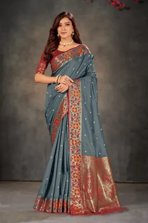 Banarasi Grey Silk Saree With Grey Blouse