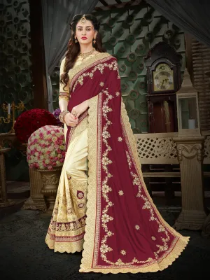 Bangalore Silk Beige and Maroon Gold Border Saree With   Beige Blouse