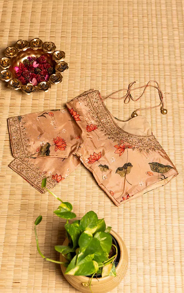 Beige printed semi silk readymade blouse with hand embroidery