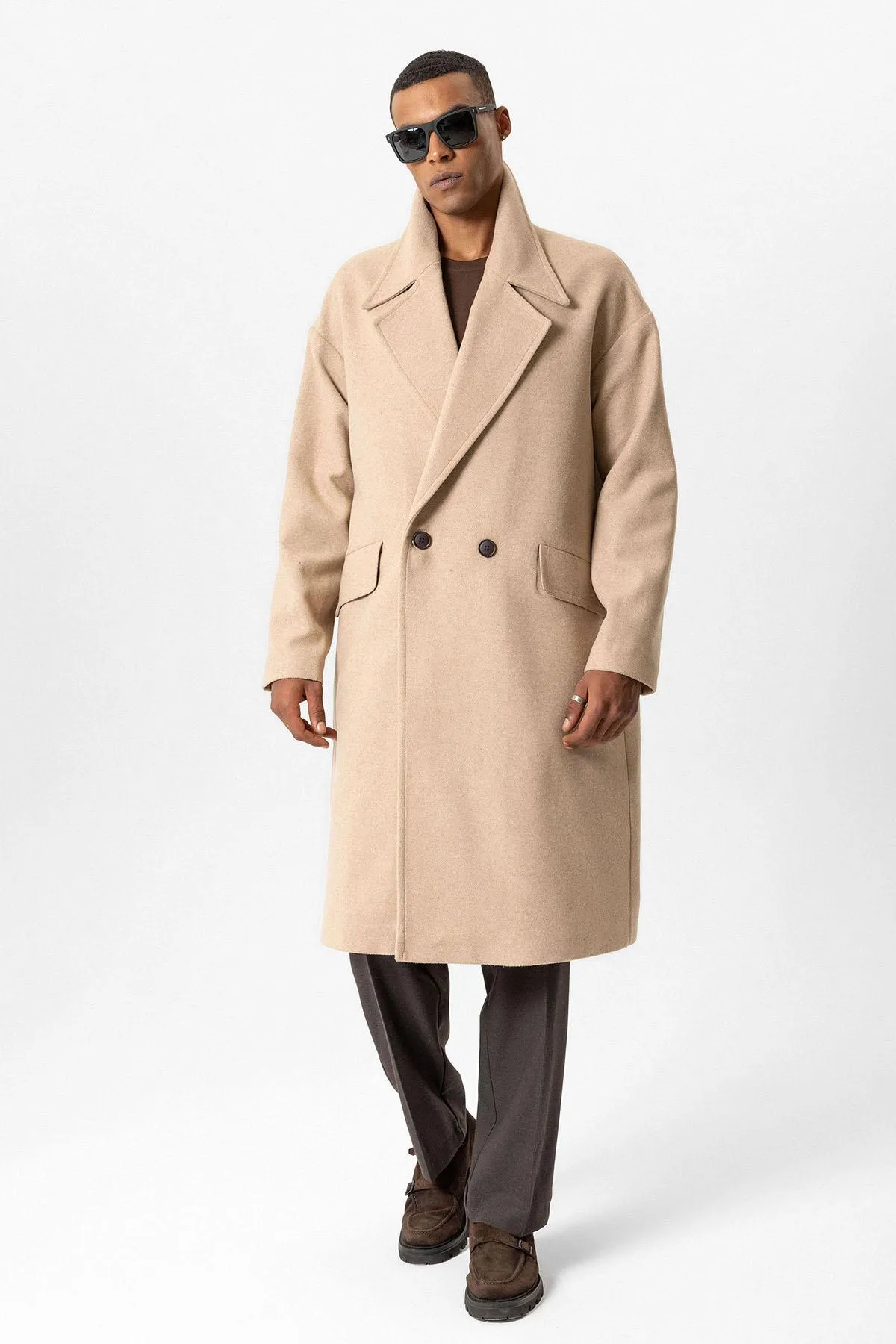 Beige Wool-Blend Double-Breasted Men's Coats - Wessi