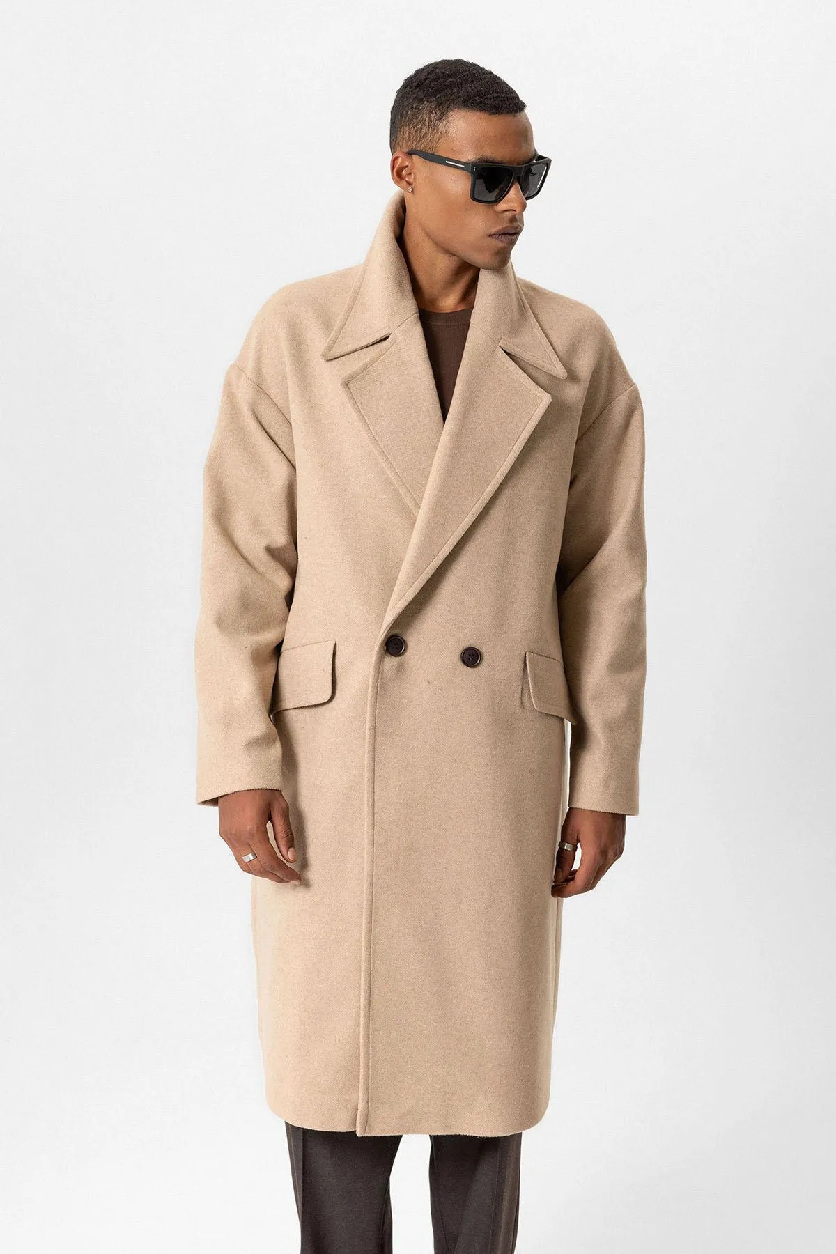 Beige Wool-Blend Double-Breasted Men's Coats - Wessi