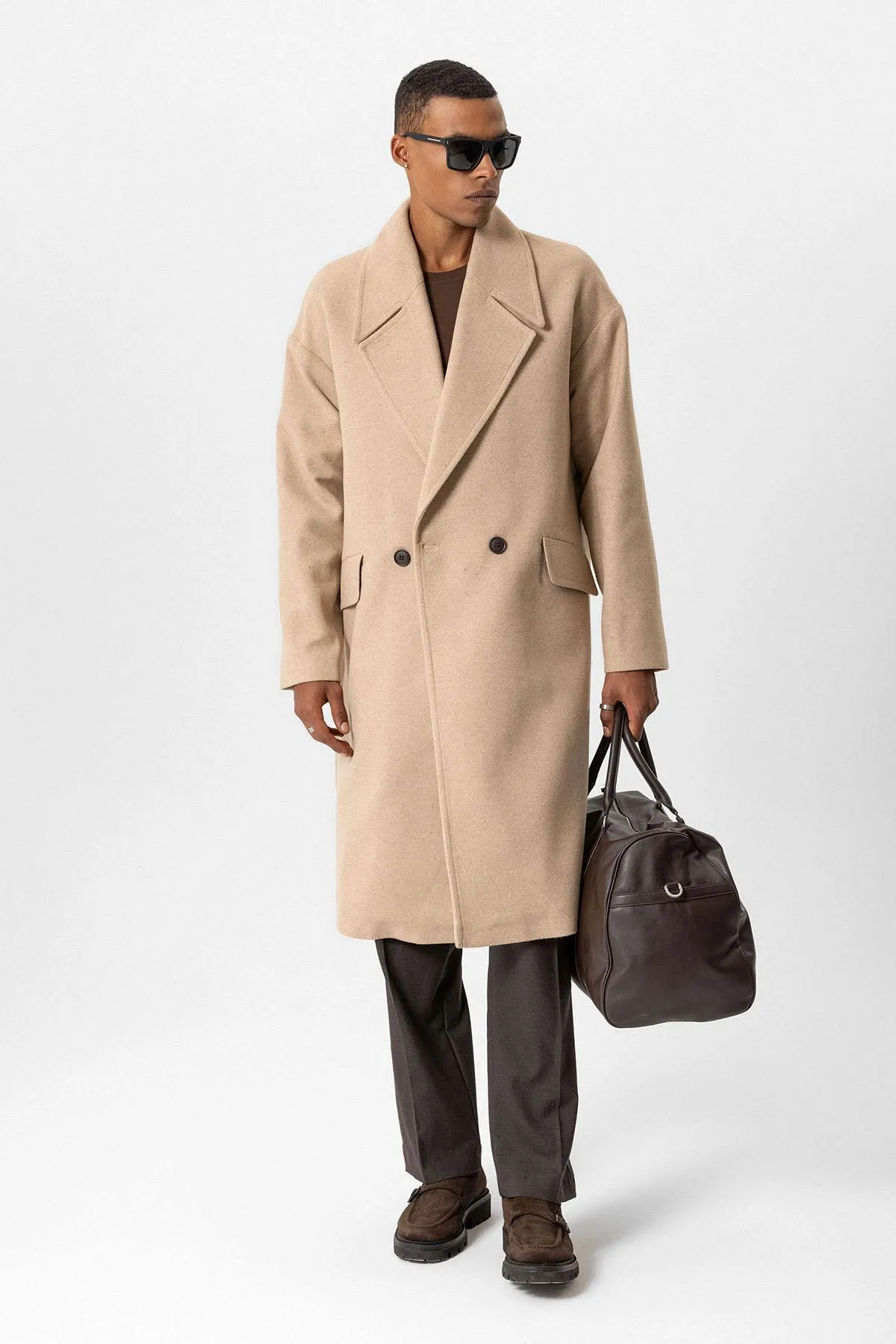 Beige Wool-Blend Double-Breasted Men's Coats - Wessi