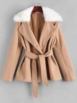 Belted Fur Collar Wool Blend Peacoat