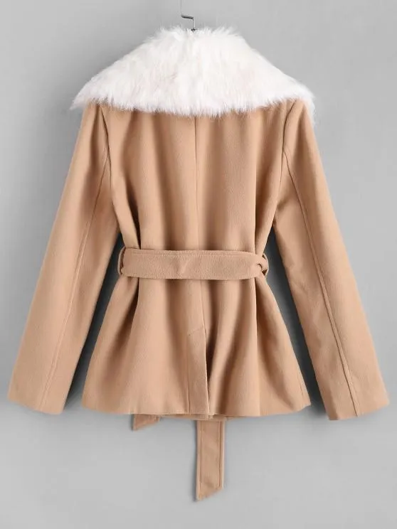 Belted Fur Collar Wool Blend Peacoat