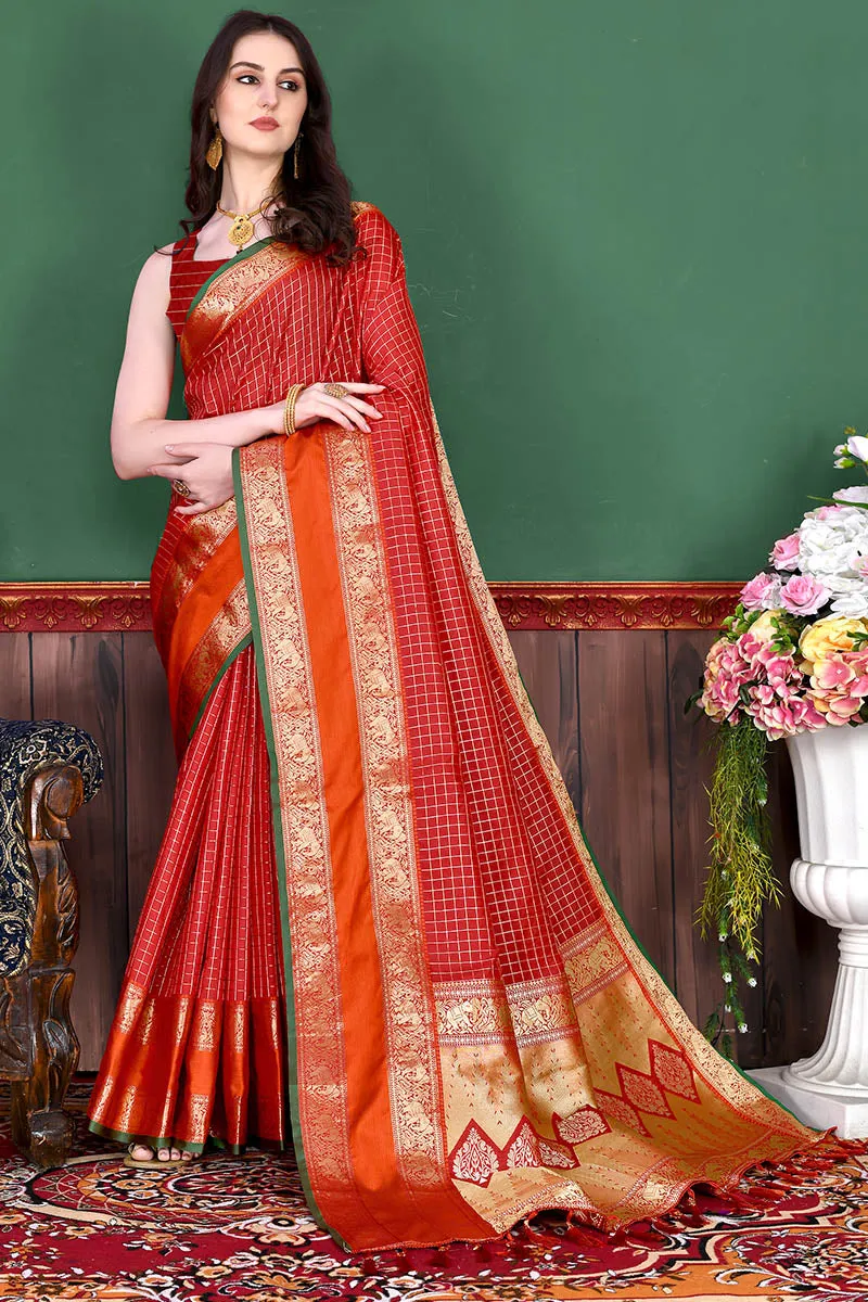 Bewitching Red Soft Banarasi Silk Saree With Demure Blouse Piece