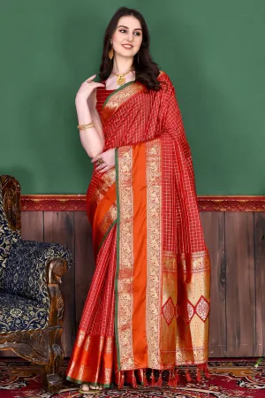 Bewitching Red Soft Banarasi Silk Saree With Demure Blouse Piece