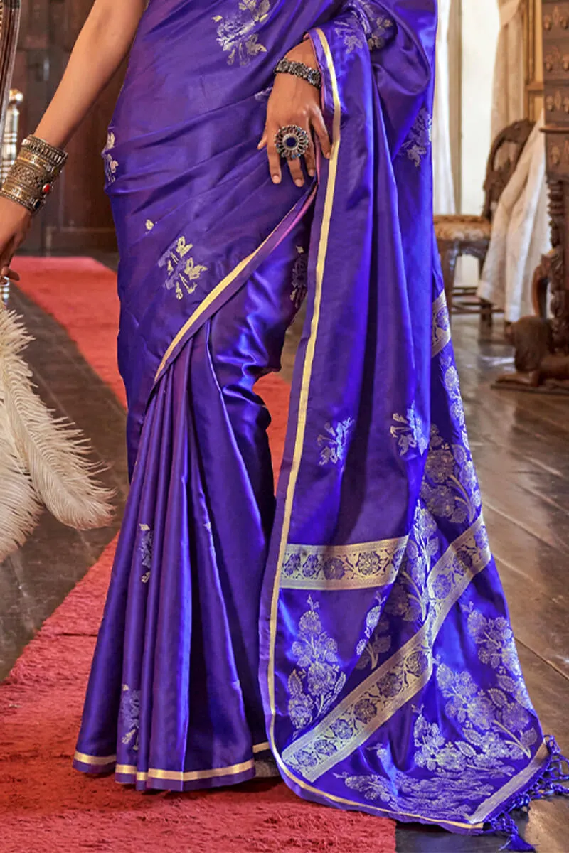 Bewitching Royal Purple Banarasi Satin Silk Saree With Bucolic Blouse