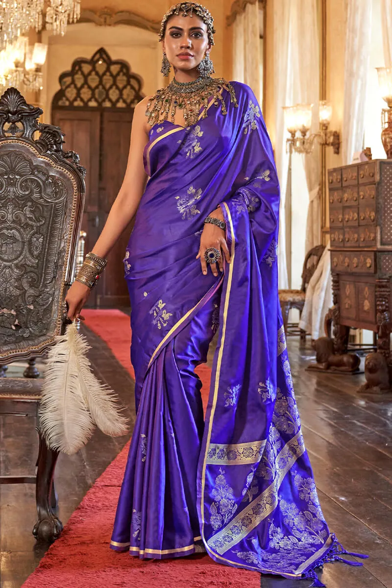 Bewitching Royal Purple Banarasi Satin Silk Saree With Bucolic Blouse