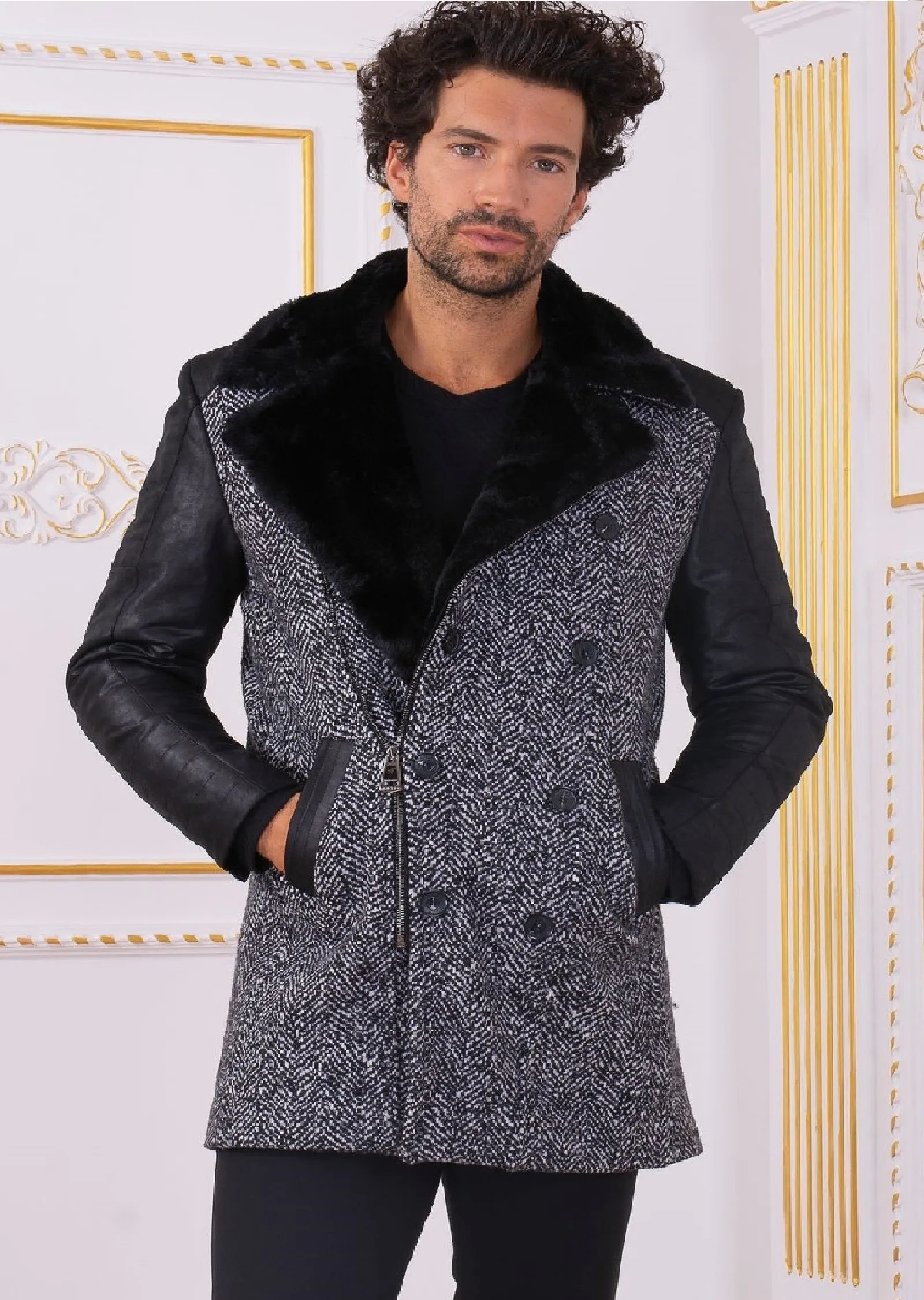 Black Gray Herringbone Quilted Coat