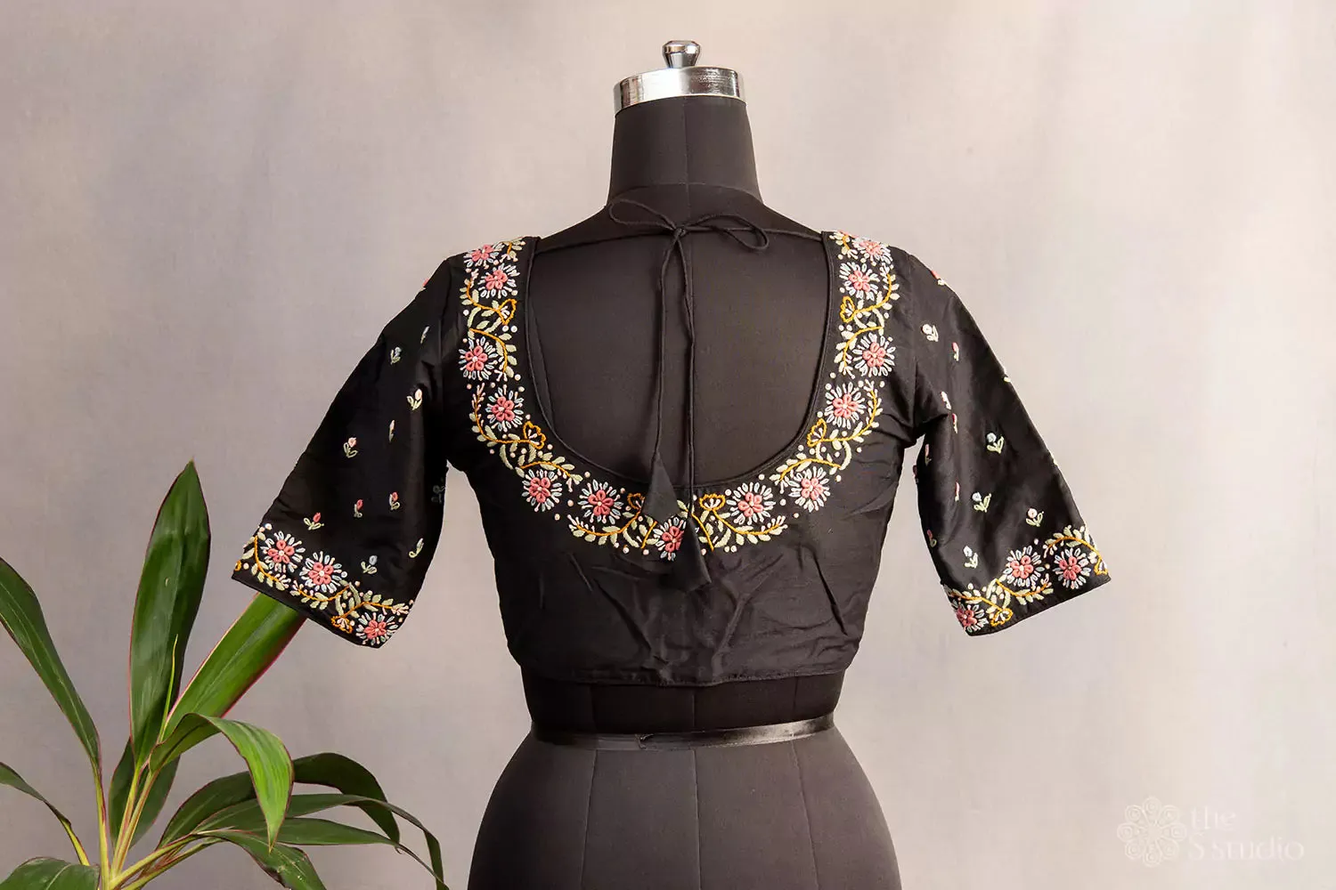 Black hand  embroidered raw silk blouse with neck pattern