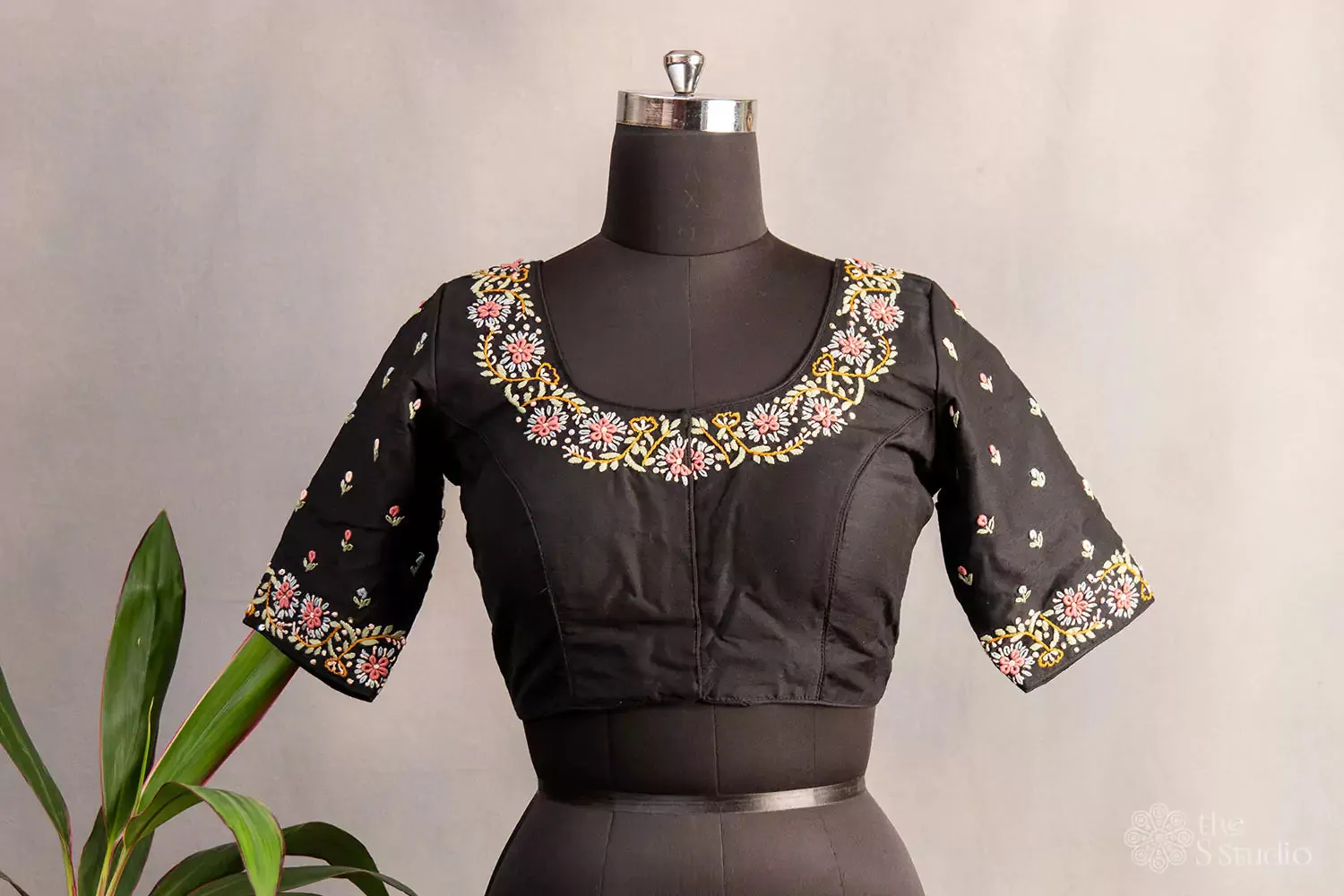 Black hand  embroidered raw silk blouse with neck pattern