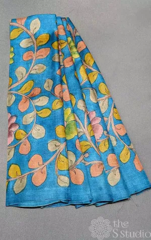 Blue handpainted pen kalamkari tussar material with multicolours