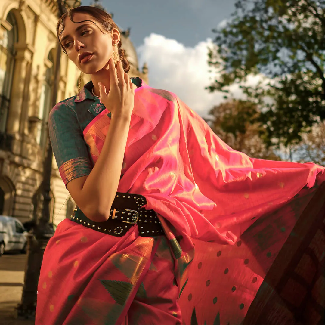 Brick Red Handloom Khaddi Silk Saree With Contrast Pallu & Blouse - Rajtex Khwaab Silk