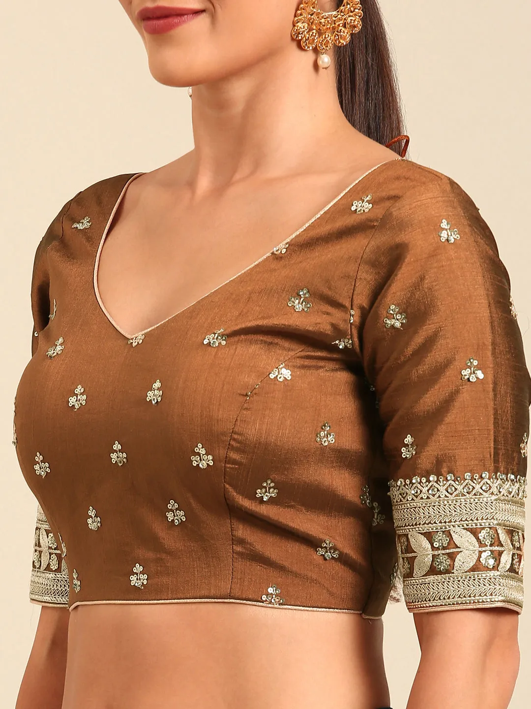 Brown-Toned Pure Silk Embroidery Work Readymade Blouse