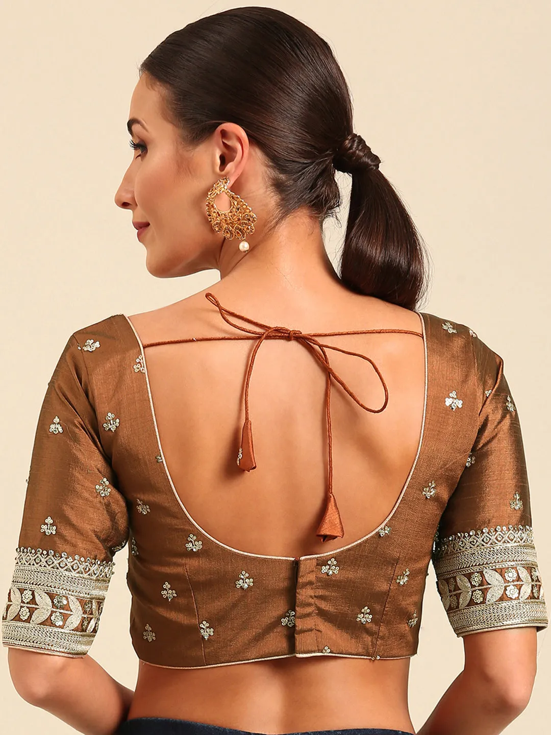 Brown-Toned Pure Silk Embroidery Work Readymade Blouse