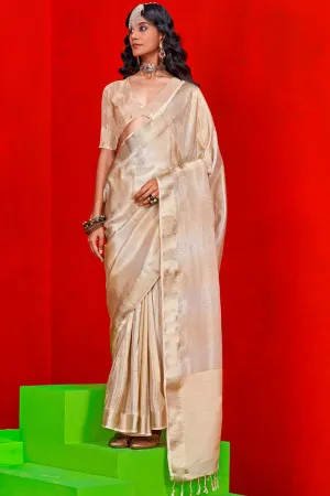 Captivating Beige Soft Banarasi Silk Saree With Prominent Blouse Piece