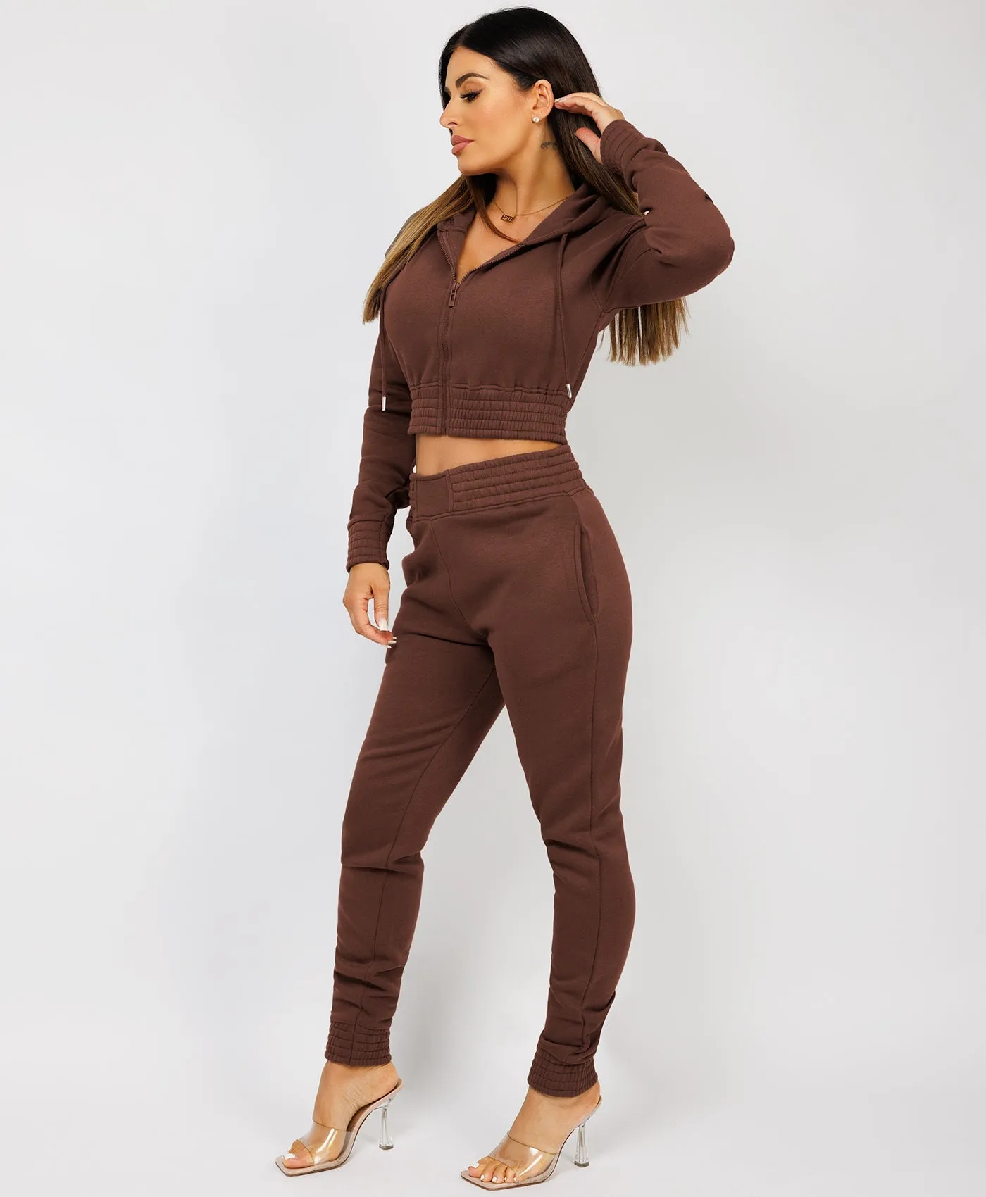 Chocolate Brown Zipped Cropped Hooded Tracksuit Loungewear Set