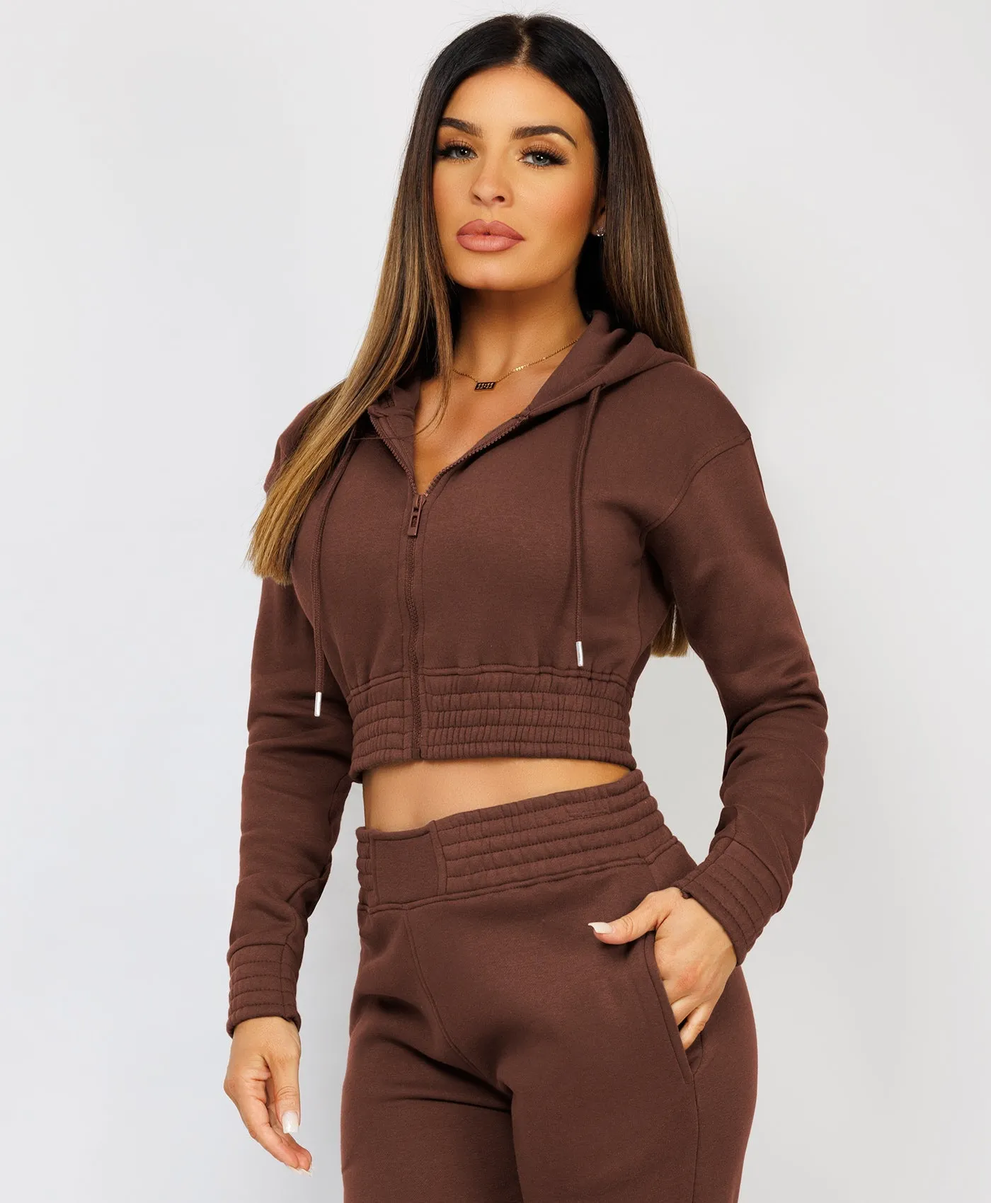 Chocolate Brown Zipped Cropped Hooded Tracksuit Loungewear Set