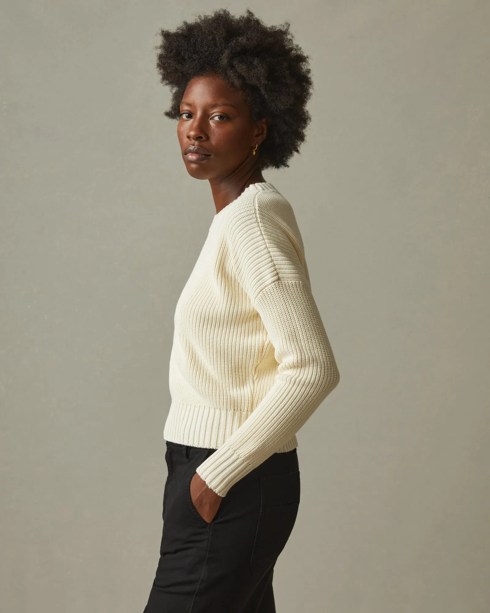 Chunky Cotton Crew Sweater - Creme