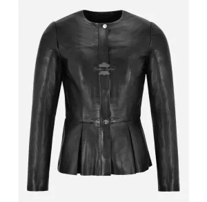 Daniella Collarless Leather Jacket Ladies Pleated Broom Slim-Fitted Look Jacket