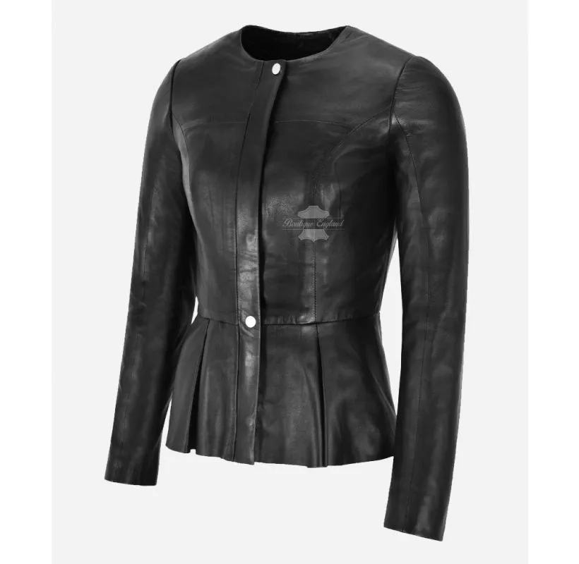 Daniella Collarless Leather Jacket Ladies Pleated Broom Slim-Fitted Look Jacket