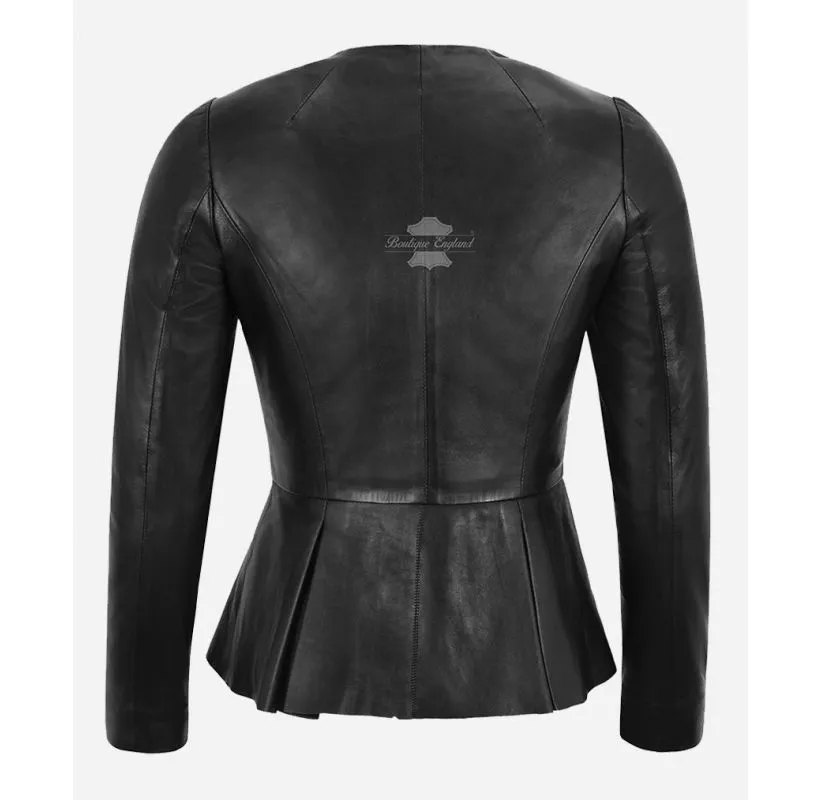 Daniella Collarless Leather Jacket Ladies Pleated Broom Slim-Fitted Look Jacket