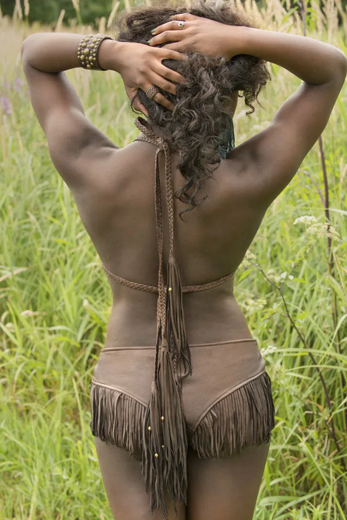 Darice DEERSKIN Leather Triangle Bikini Top | Braided Leather Ties, Fringe Tassels & African Beads