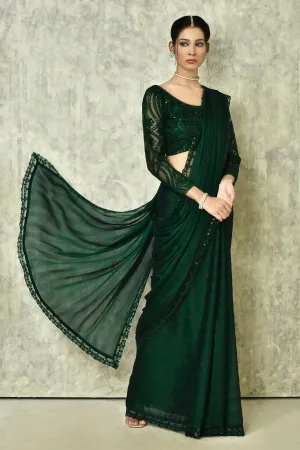 Dark Green Silk Solid Saree With Blouse Piece - Purvi