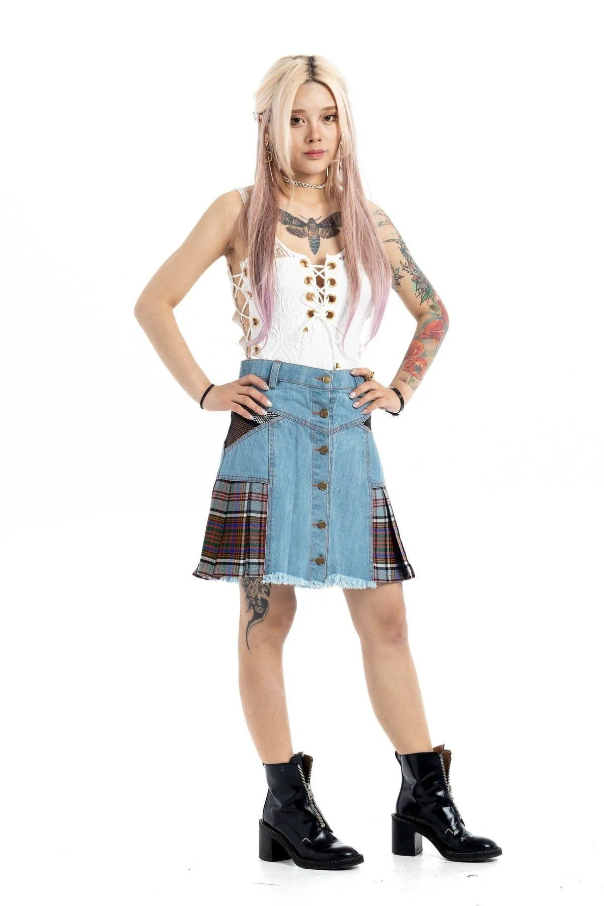 Denim Tartan Skirt  - Summer Style