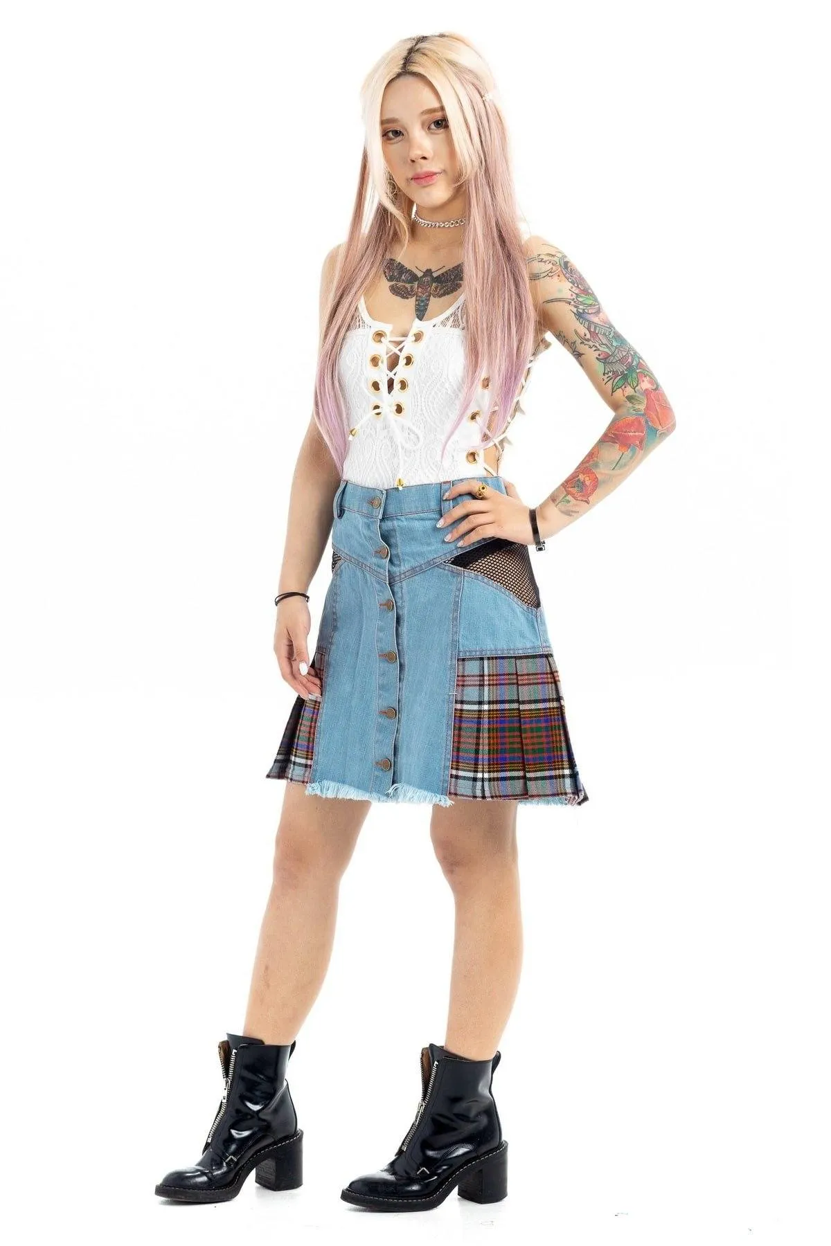 Denim Tartan Skirt  - Summer Style