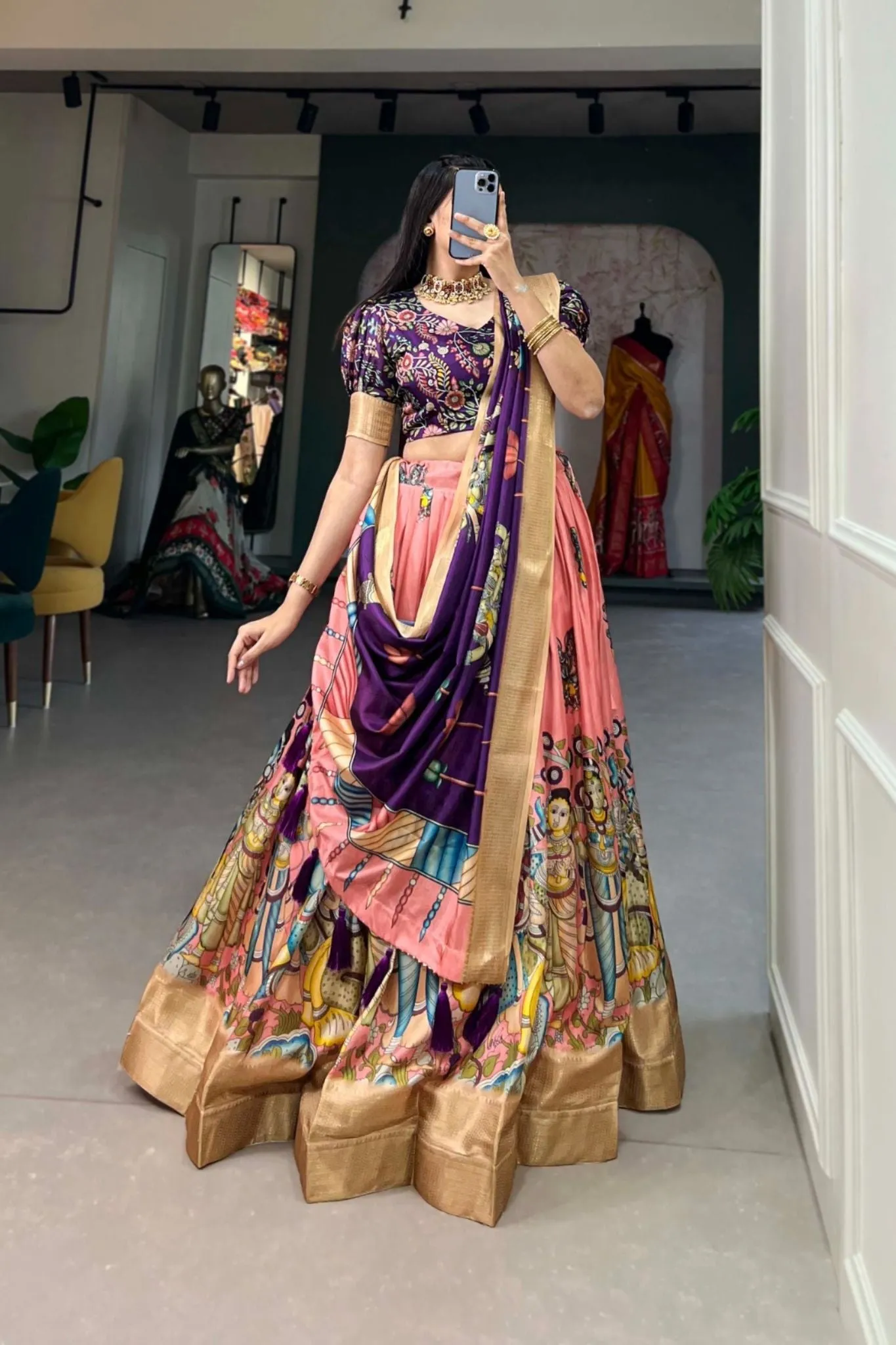 Designer Kalamkari Printed Dola Silk Lehenga Choli