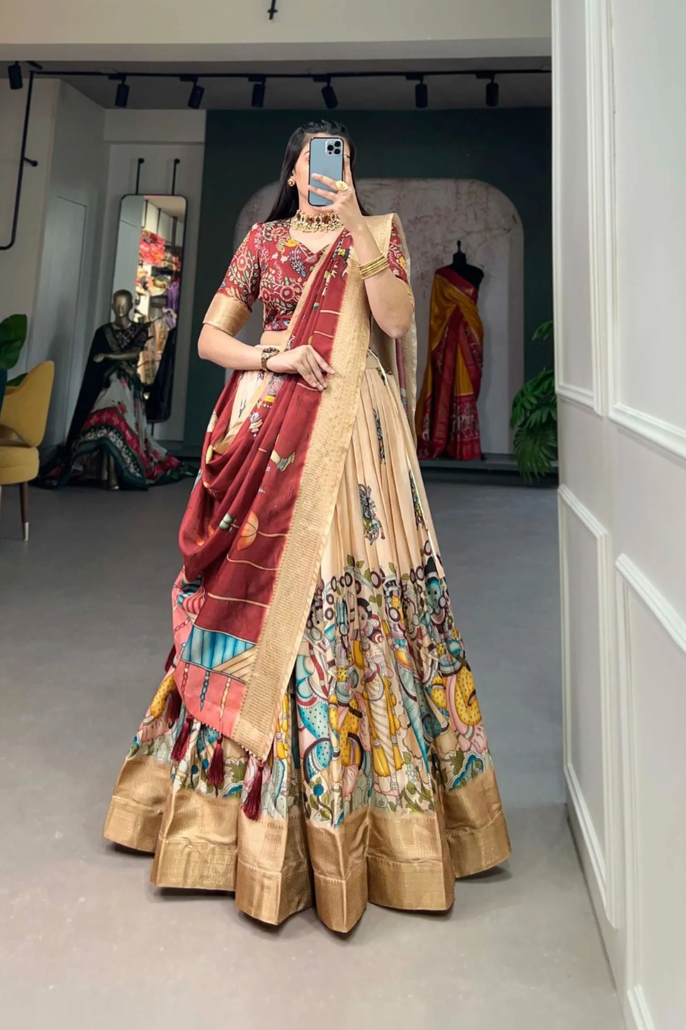 Designer Kalamkari Printed Dola Silk Lehenga Choli