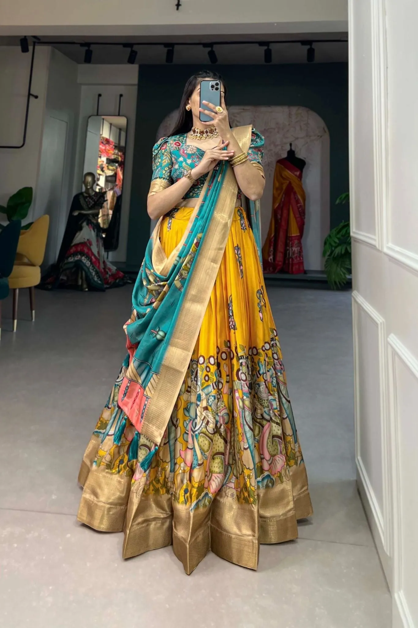 Designer Kalamkari Printed Dola Silk Lehenga Choli