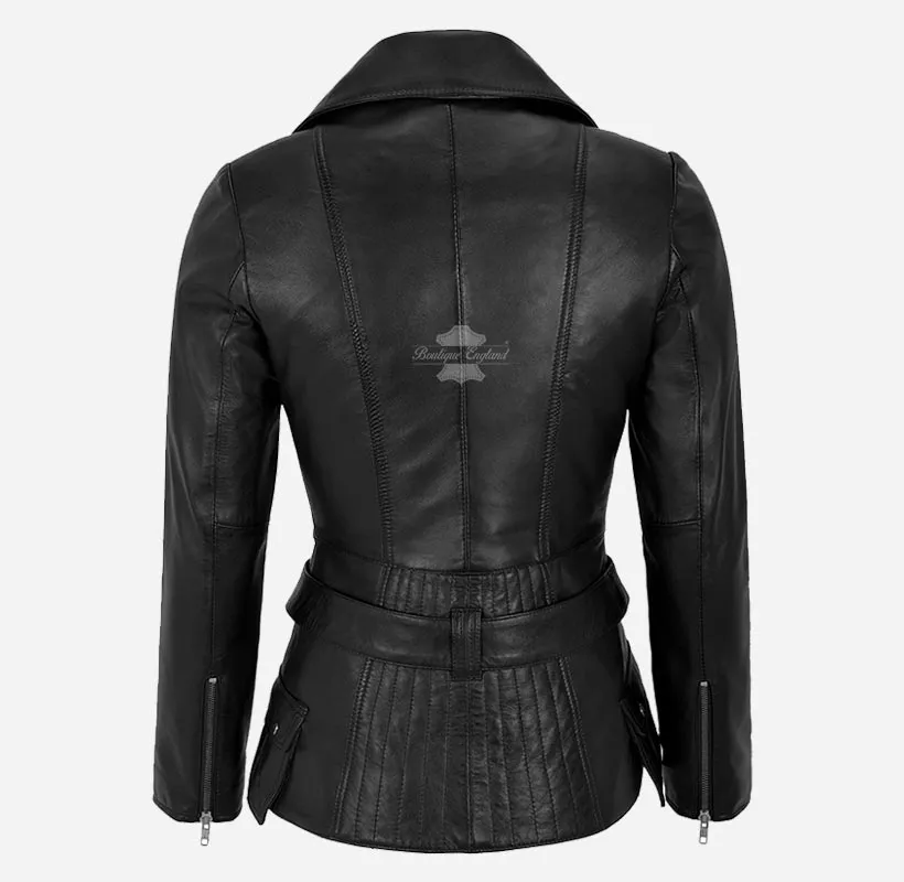 DESIRE LADIES Black LEATHER JACKET Trench Style Fitted Leather Jacket