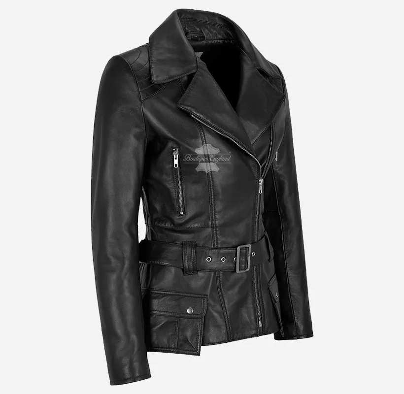 DESIRE LADIES Black LEATHER JACKET Trench Style Fitted Leather Jacket