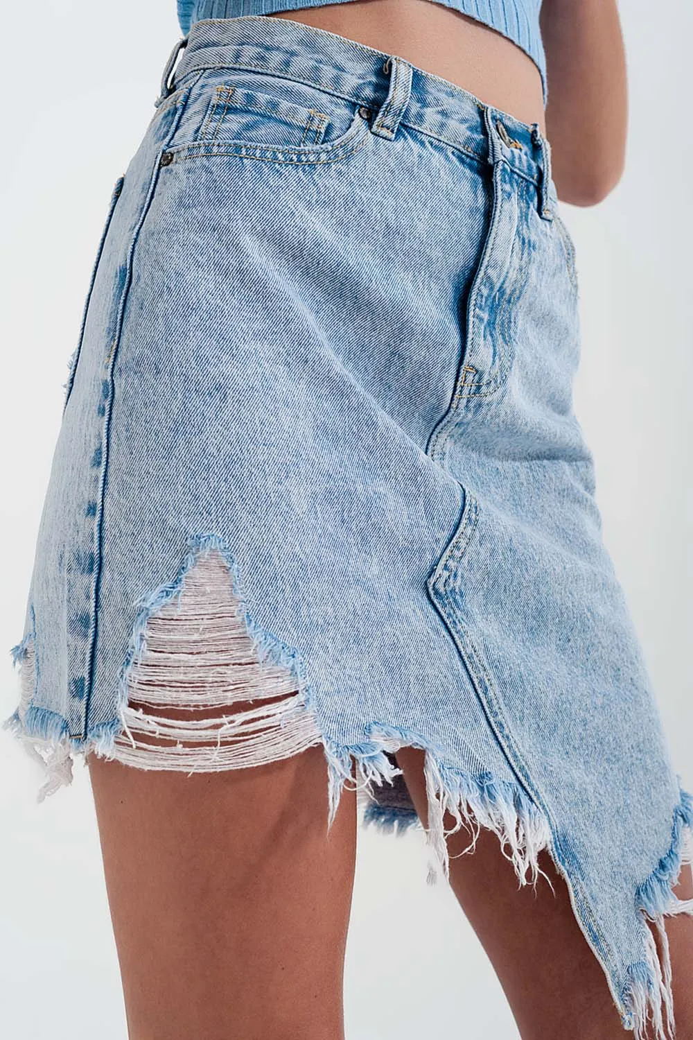 Distressed Denim Skirt in Bleach Wash