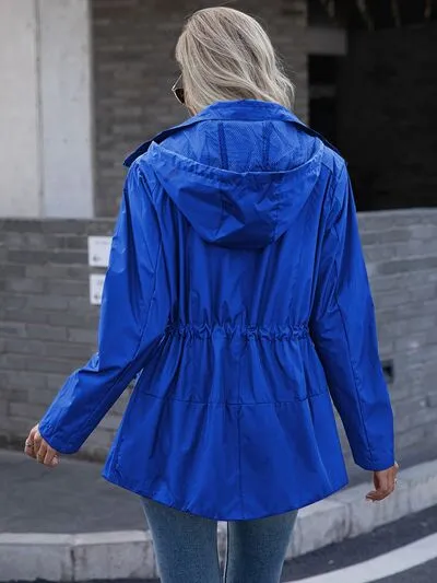 Drawstring Zip Up Waterproof Hooded Trench Coat