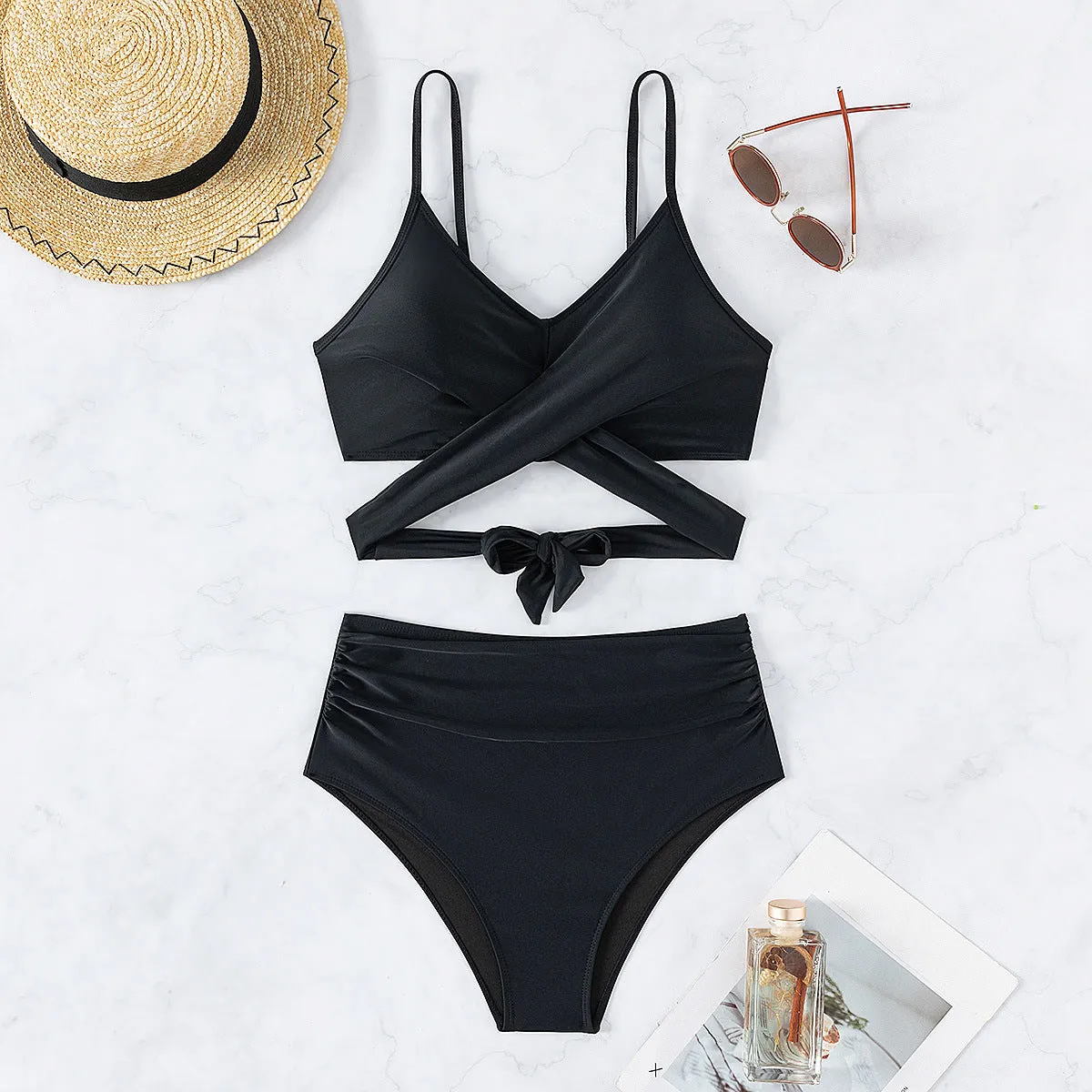 Elegant Solid Color High-Waisted Bikini Swimsuit