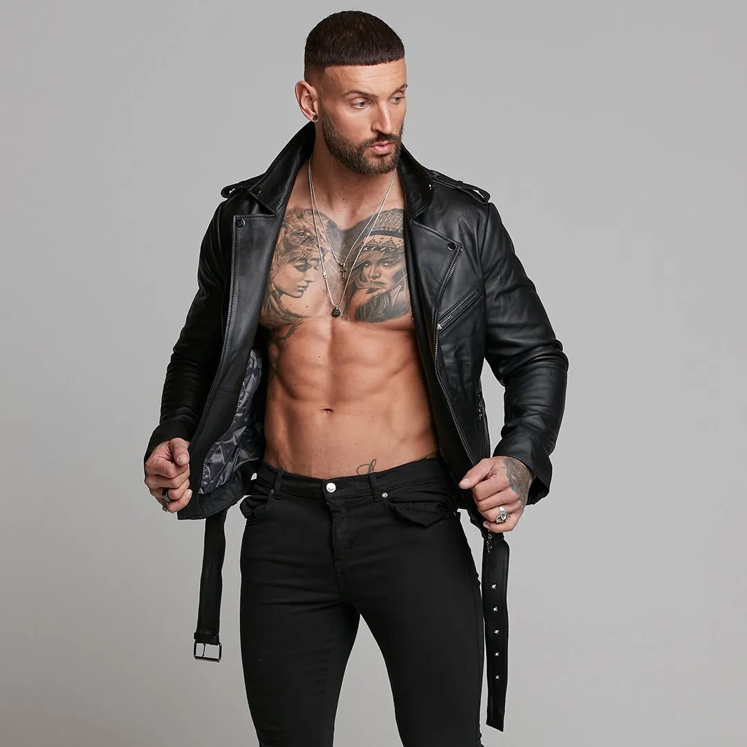 Father Sons Black Leather Jacket with Belt Detail - FSH313