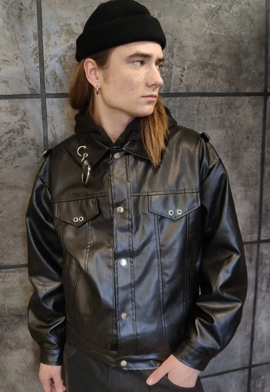 Faux leather biker jacket metal hoops reworked coat black