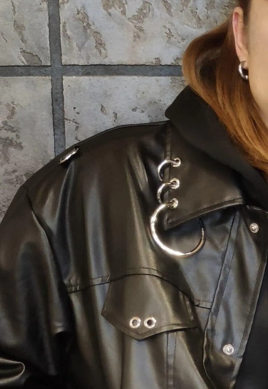 Faux leather biker jacket metal hoops reworked coat black