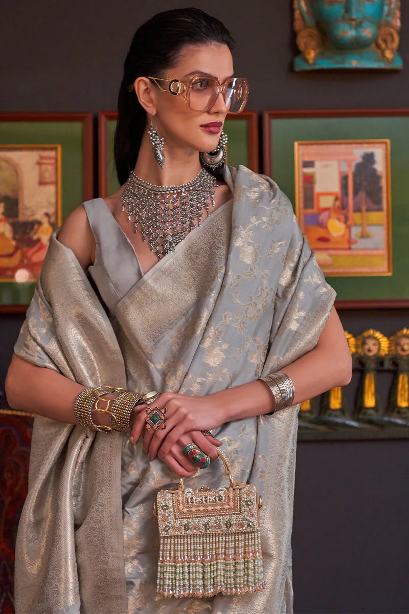 Flameboyant Grey Soft Banarasi Silk Saree With Exquisite Blouse Piece